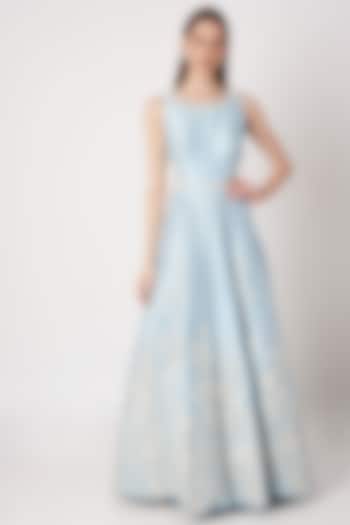 Ice Blue Embroidered Gown With Belt by Priya Chhabria