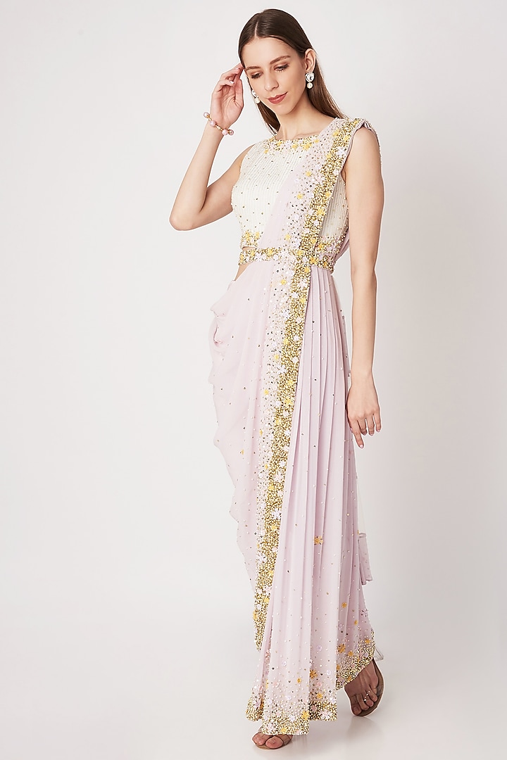 Mauve Sequins Embroidered Pant Saree With Belt by Priya Chhabria
