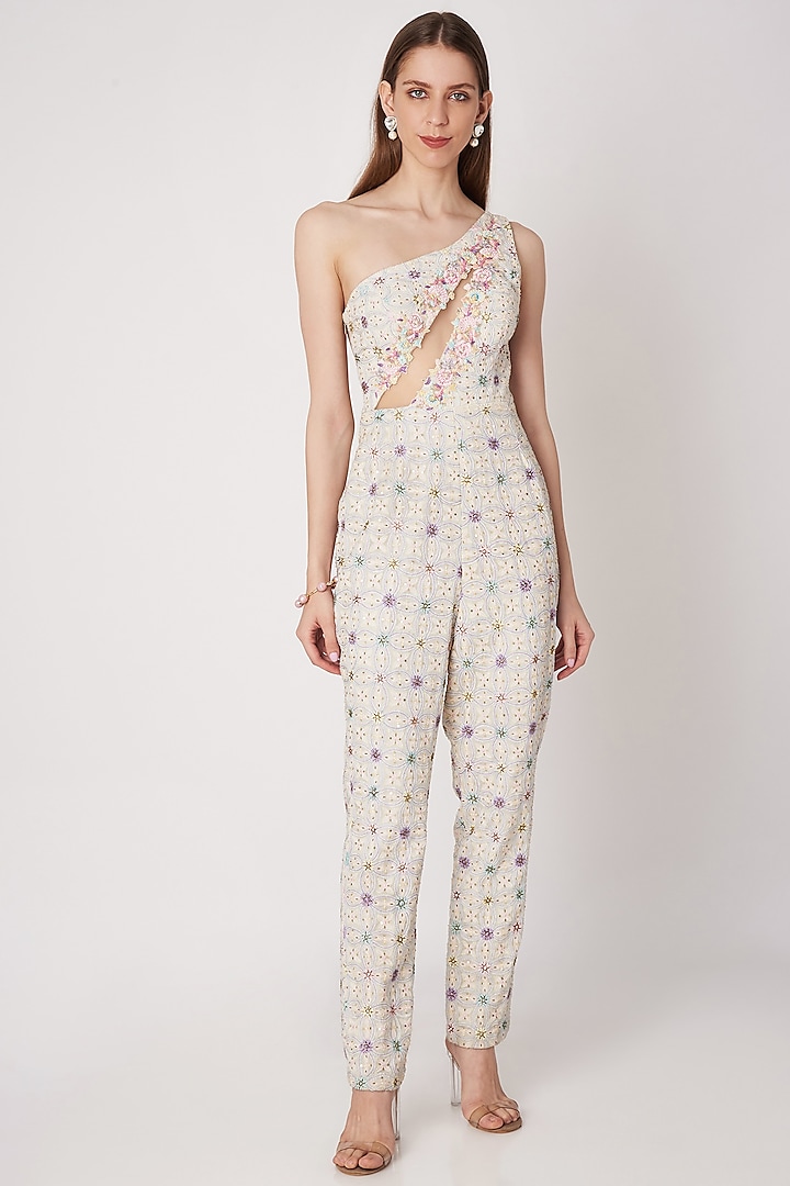 White Chikankari Embroidered Jumpsuit by Priya Chhabria at Pernia's Pop Up Shop