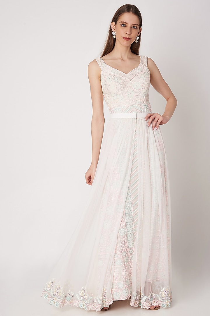 White Embroidered Gown With Overlay Skirt by Priya Chhabria