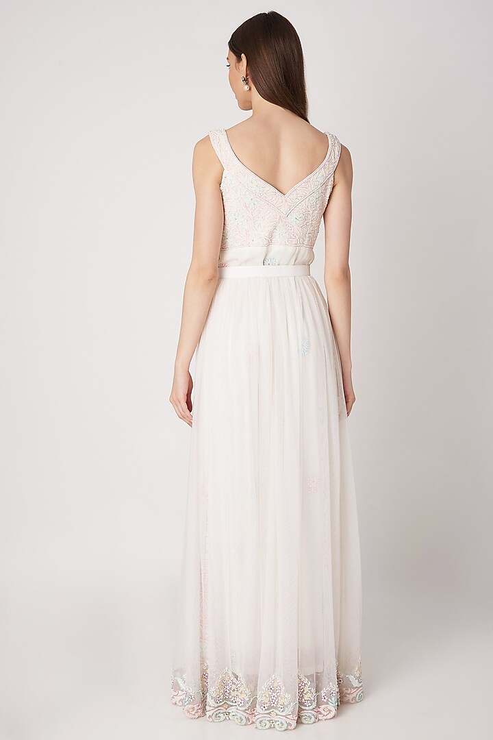 White Embroidered Wedding Gown With Overlay Skirt by Priya Chhabria at Pernia's Pop Up Shop