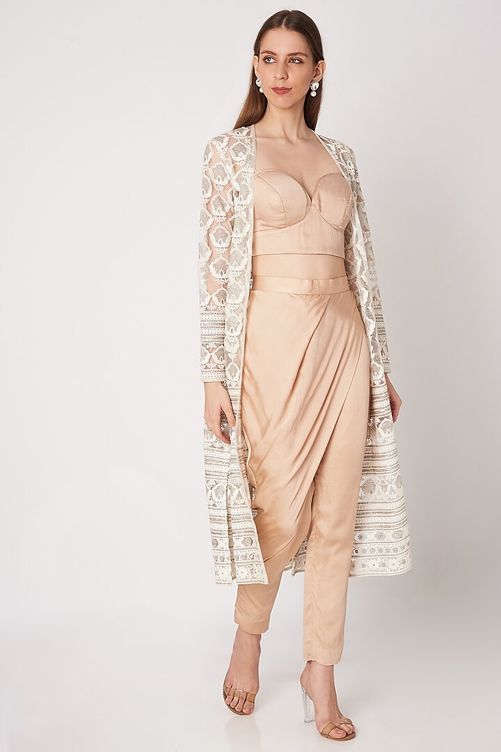 Nude Bralette With Pants & Embroidered Jacket by Priya Chhabria