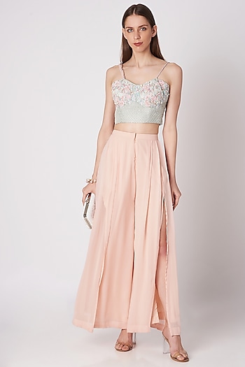 Powder Blue Embroidered Crop Top With Blush Pink Palazzo Pants