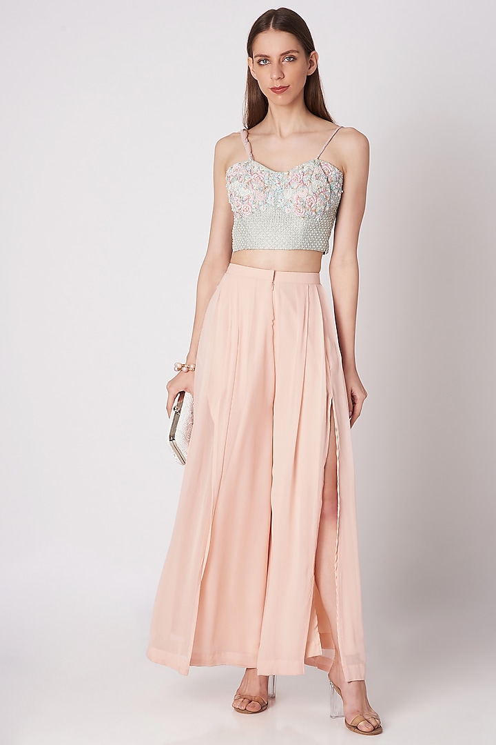 Powder Blue Embroidered Crop Top With Blush Pink Palazzo Pants by Priya Chhabria