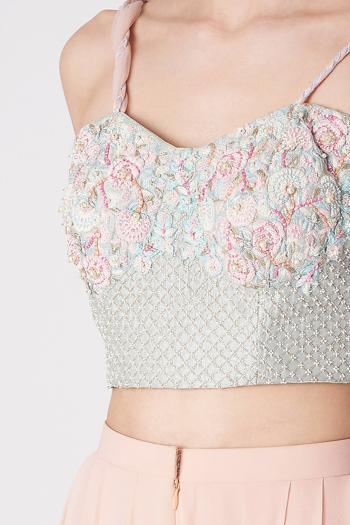 Powder Blue Embroidered Crop Top With Blush Pink Palazzo Pants by Priya Chhabria at Pernia's Pop Up Shop
