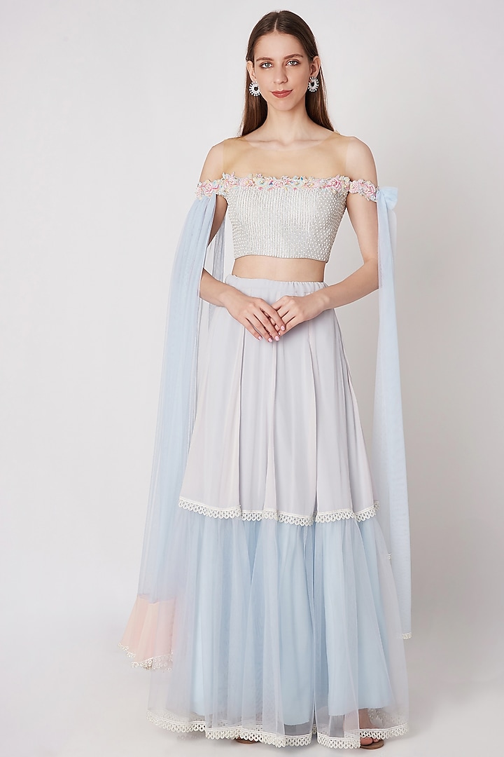 Powder Blue Embroidered Crop Top With Skirt by Priya Chhabria
