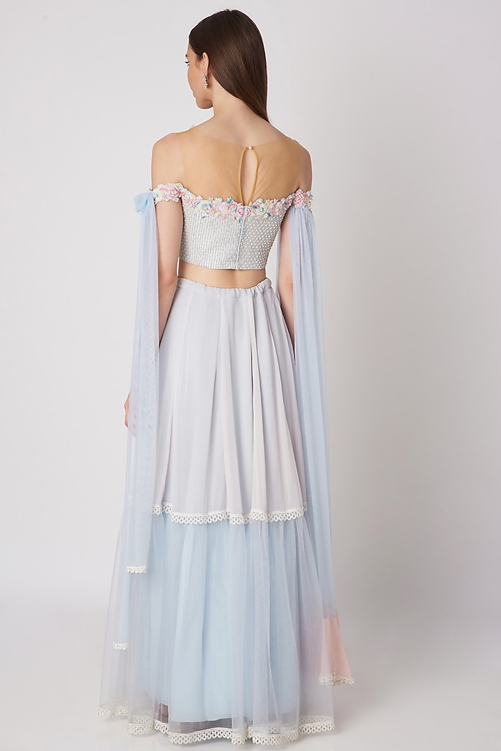 Powder Blue Embroidered Crop Top With Skirt by Priya Chhabria at Pernia's Pop Up Shop