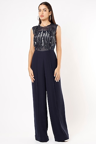 Dark Navy Blue Embroidered Jumpsuit by Pocket Stories
