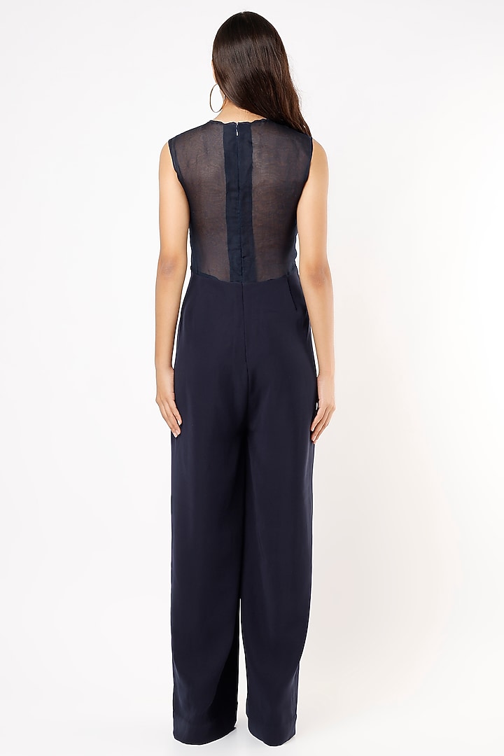 Dark Navy Blue Embroidered Jumpsuit by Pocket Stories at Pernia's Pop Up Shop