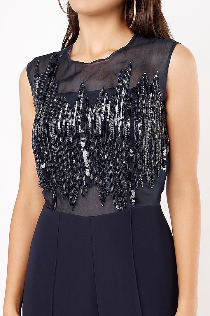 Dark Navy Blue Embroidered Jumpsuit by Pocket Stories at Pernia's Pop Up Shop