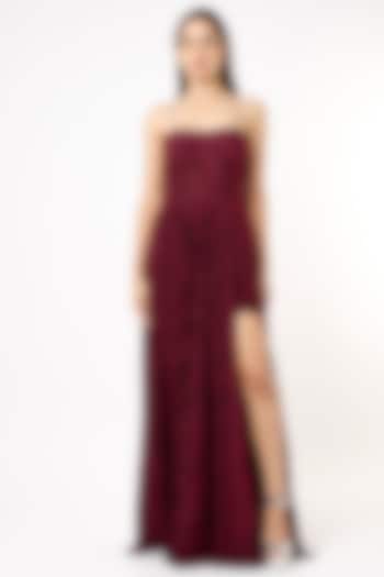 Maroon Textured Mesh Corset Gown by Pocket Stories