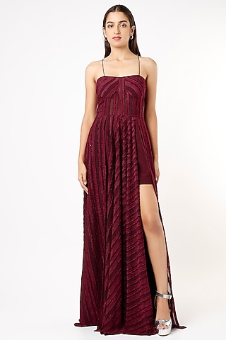Maroon Textured Mesh Corset Gown by Pocket Stories
