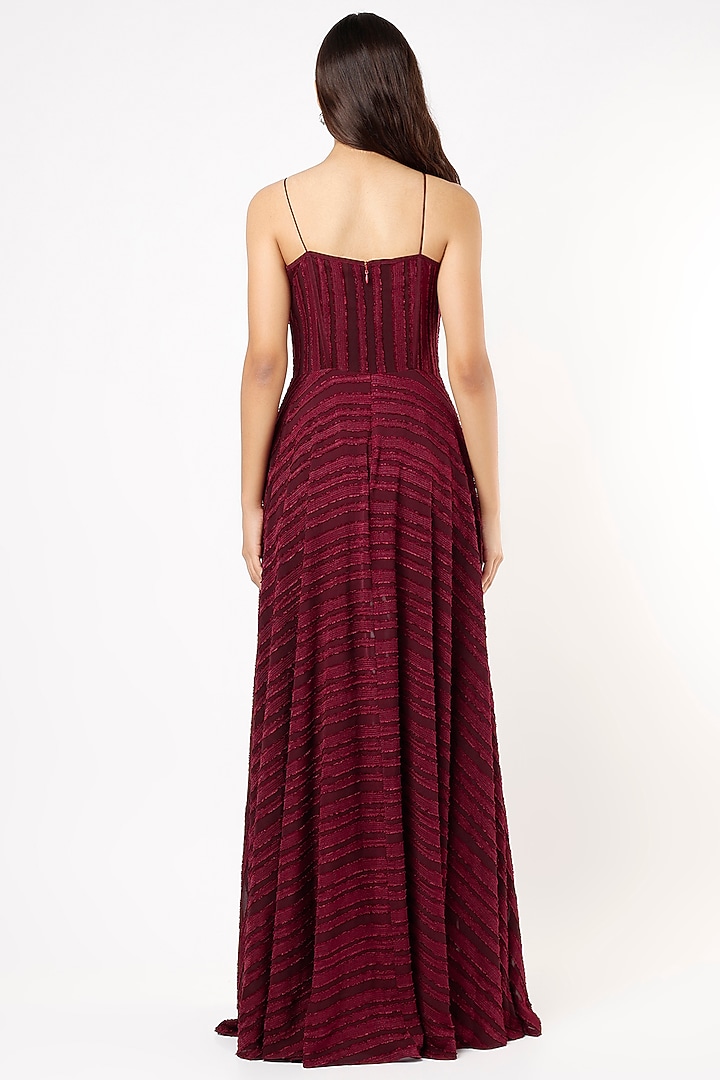 Maroon Textured Mesh Corset Gown by Pocket Stories at Pernia's Pop Up Shop