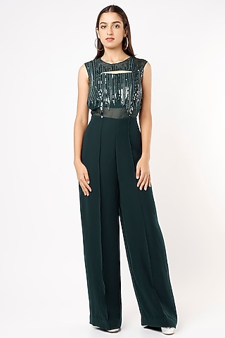 Dark Navy Blue Sequins Embroidered Jumpsuit by Pocket Stories