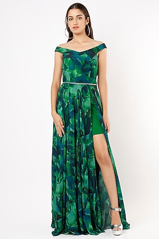 Emerald Green Off-Shoulder Detachable Gown With Belt by Pocket Stories