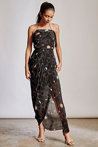 Black Printed Crepe Maxi Dress by Pocket Stories