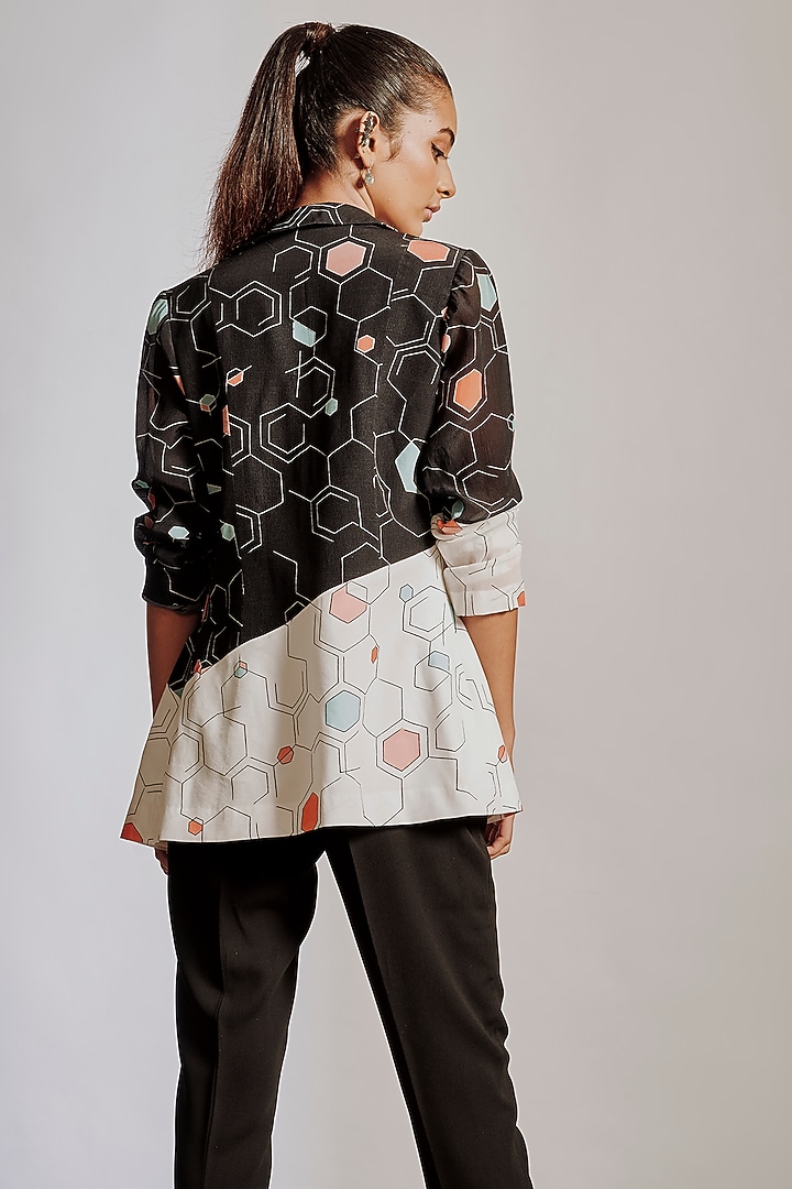Black Honeycomb & Printed Crepe Blazer Set by Pocket Stories at Pernia's Pop Up Shop
