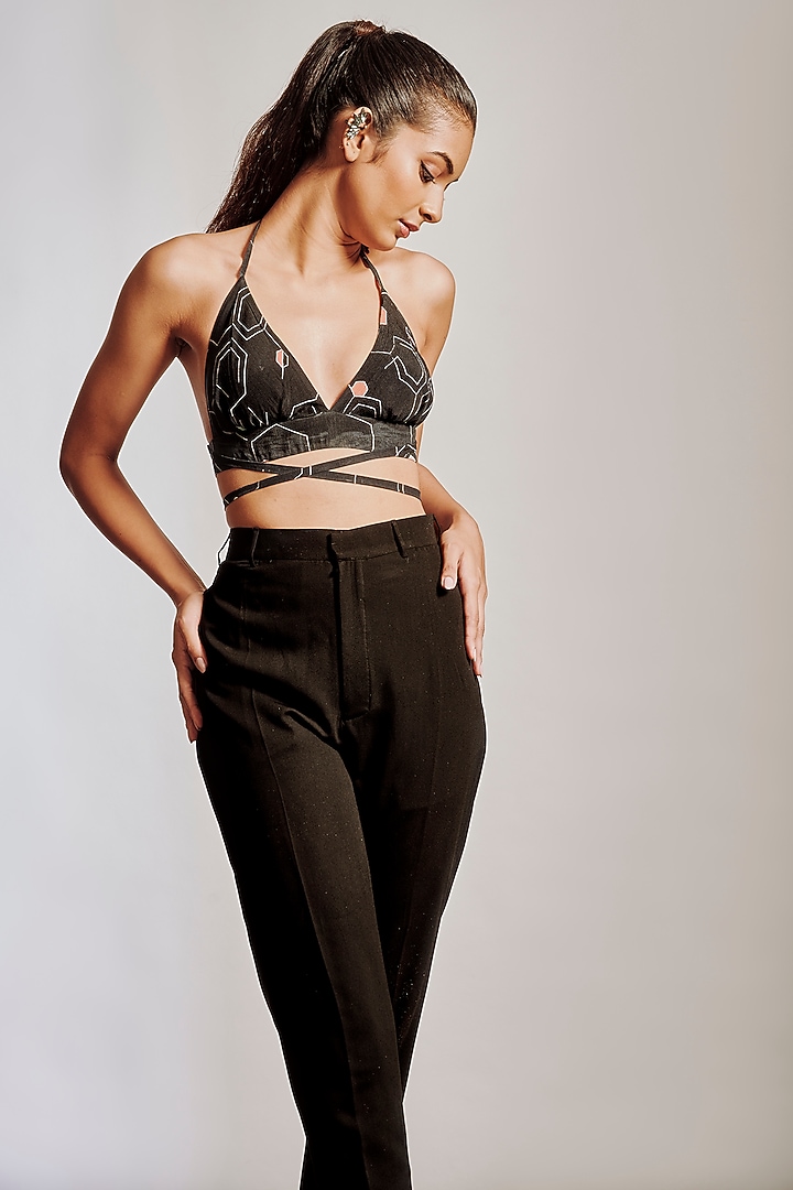 Black Printed Crepe Bralette by Pocket Stories at Pernia's Pop Up Shop