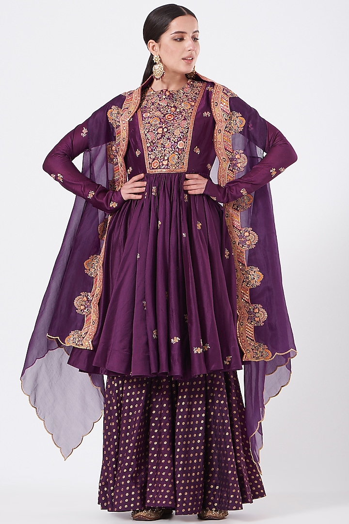 Purple Brocade Sharara Set by Petticoat Lane