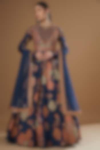 Midnight Blue Chanderi Printed Anarkali Set by Petticoat Lane