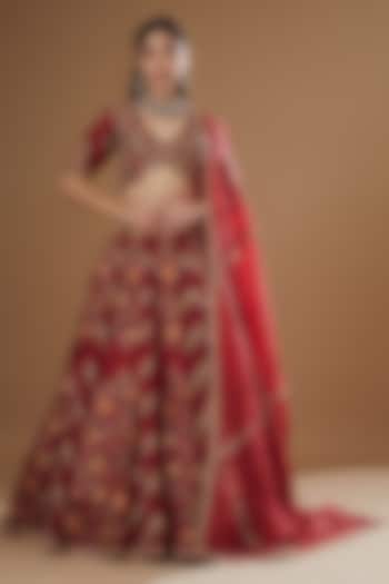 Red Organza Printed & Embroidered Lehenga Set by Petticoat Lane