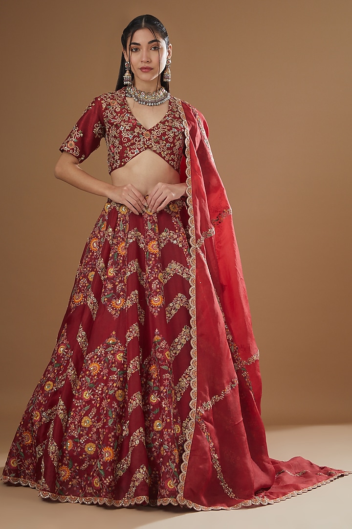 Red Organza Printed & Embroidered Lehenga Set by Petticoat Lane