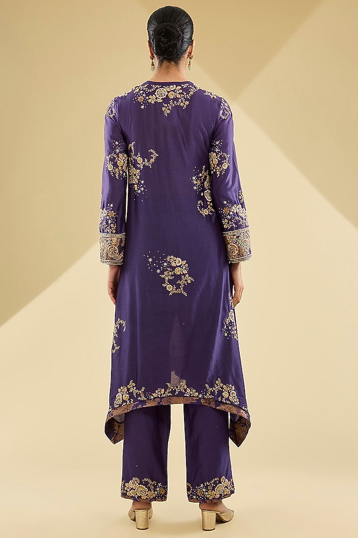Purple Shimmer Brocade Chanderi Embroidered Hanky Kurta Set by Petticoat Lane at Pernia's Pop Up Shop