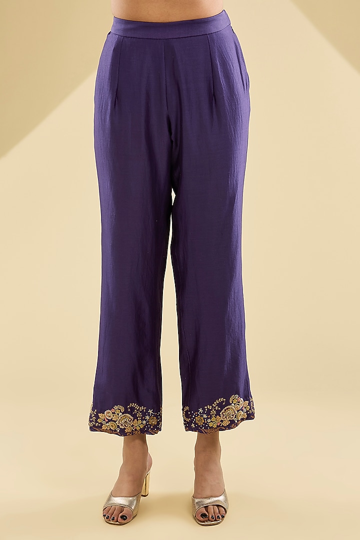 Purple Shimmer Brocade Chanderi Embroidered Hanky Kurta Set by Petticoat Lane at Pernia's Pop Up Shop