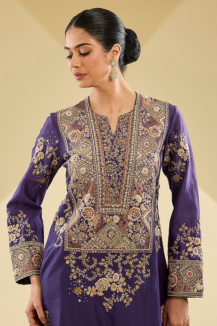 Purple Shimmer Brocade Chanderi Embroidered Hanky Kurta Set by Petticoat Lane at Pernia's Pop Up Shop
