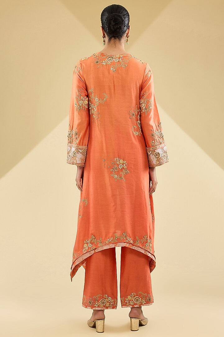 Saffron Shimmer Brocade Chanderi Embroidered Hanky Kurta Set by Petticoat Lane at Pernia's Pop Up Shop