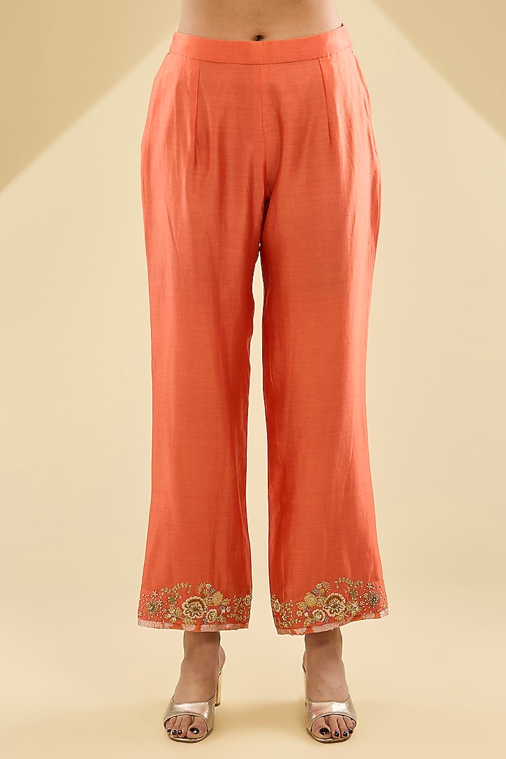 Saffron Shimmer Brocade Chanderi Embroidered Hanky Kurta Set by Petticoat Lane at Pernia's Pop Up Shop