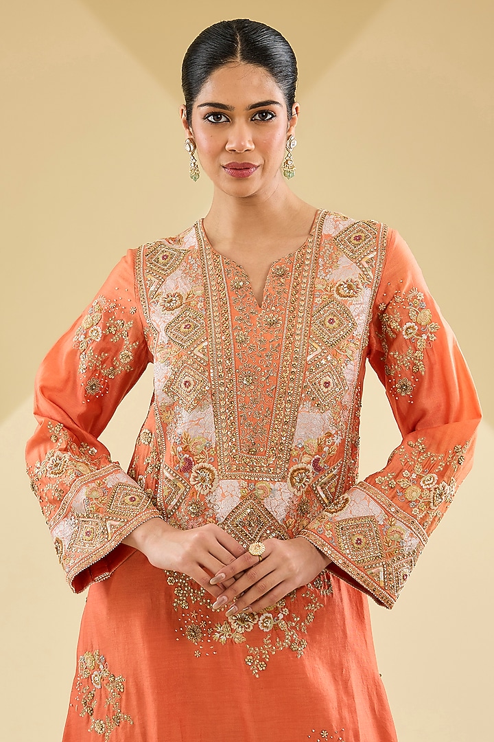 Saffron Shimmer Brocade Chanderi Embroidered Hanky Kurta Set by Petticoat Lane at Pernia's Pop Up Shop