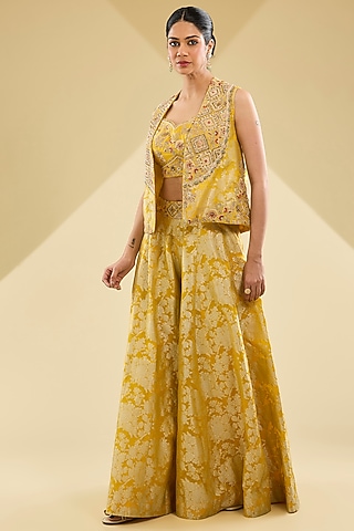 Yellow Shimmer Brocade Jacket Set by Petticoat Lane