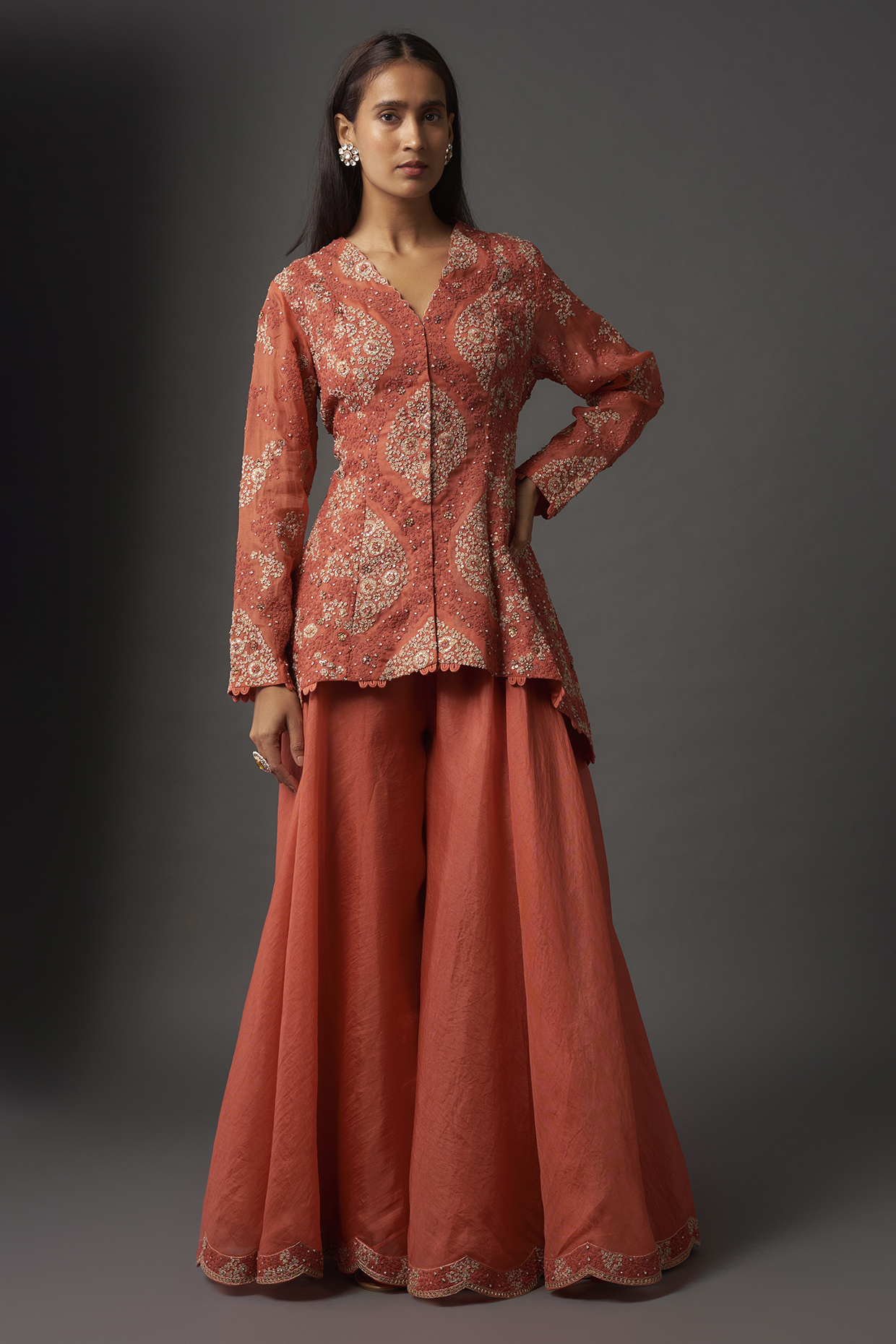 Saffron Shimmer Organza Sharara Set by Petticoat Lane at Pernia's Pop Up Shop