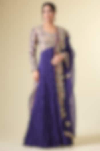 Purple Shimmer Brocade Crushed Kalidar Bridal Anarkali Set by Petticoat Lane at Pernia's Pop Up Shop