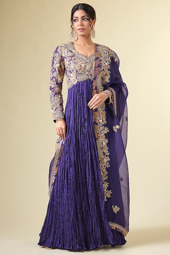 Purple Shimmer Brocade Crushed Kalidar Bridal Anarkali Set by Petticoat Lane at Pernia's Pop Up Shop