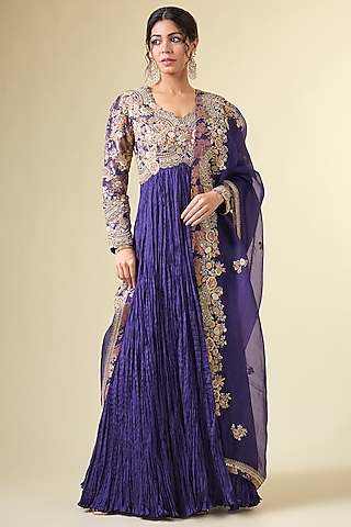 Purple Shimmer Brocade Crushed Kalidar Anarkali Set by Petticoat Lane
