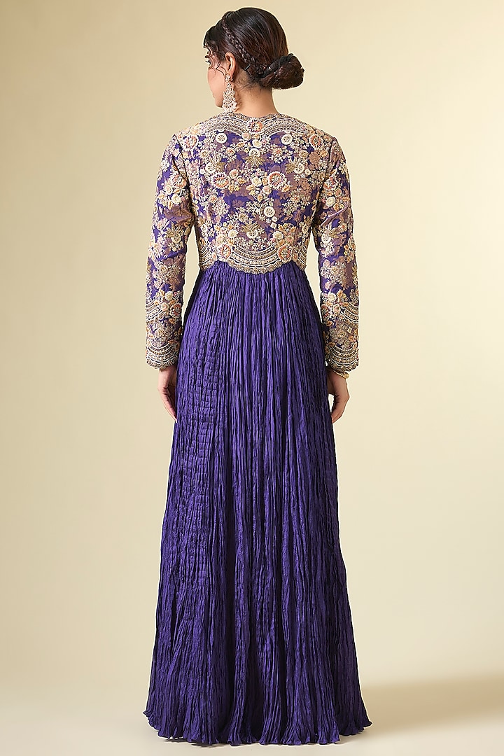 Purple Shimmer Brocade Crushed Kalidar Bridal Anarkali Set by Petticoat Lane at Pernia's Pop Up Shop