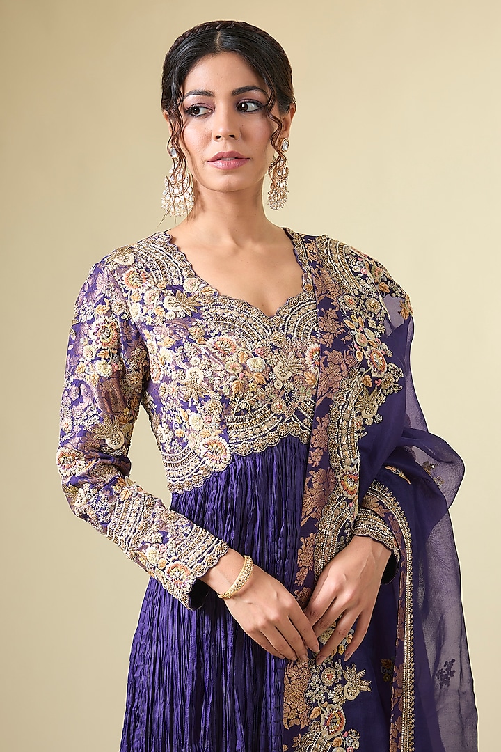 Purple Shimmer Brocade Crushed Kalidar Bridal Anarkali Set by Petticoat Lane at Pernia's Pop Up Shop
