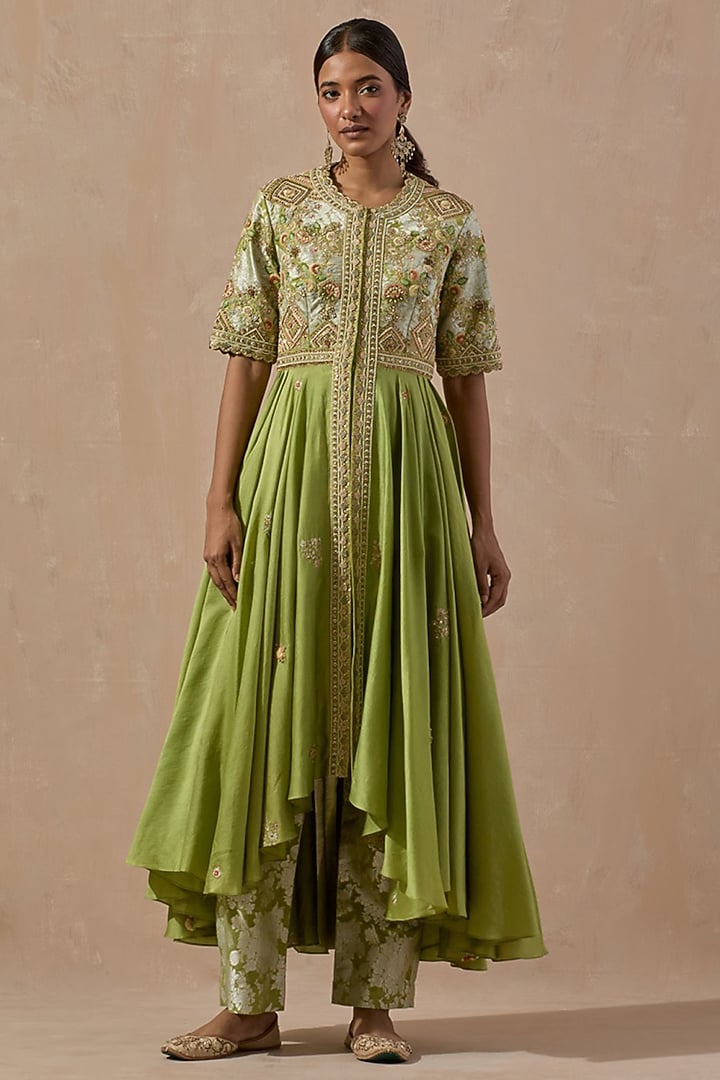 Pista Green Chanderi Asymmetrical Kalidar Kurta Set by Petticoat Lane at Pernia's Pop Up Shop