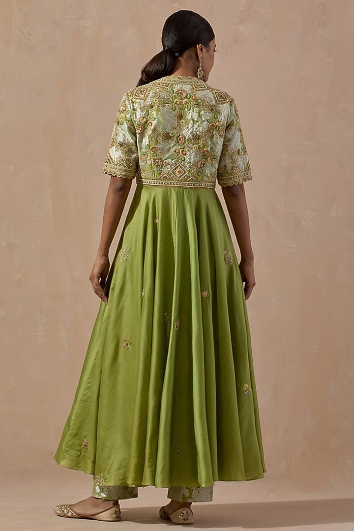 Pista Green Chanderi Asymmetrical Kalidar Kurta Set by Petticoat Lane at Pernia's Pop Up Shop