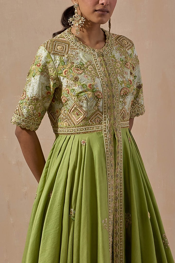 Pista Green Chanderi Asymmetrical Kalidar Kurta Set by Petticoat Lane at Pernia's Pop Up Shop