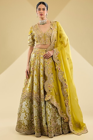 Lime Green Shimmer Brocade Lehenga Set by Petticoat Lane