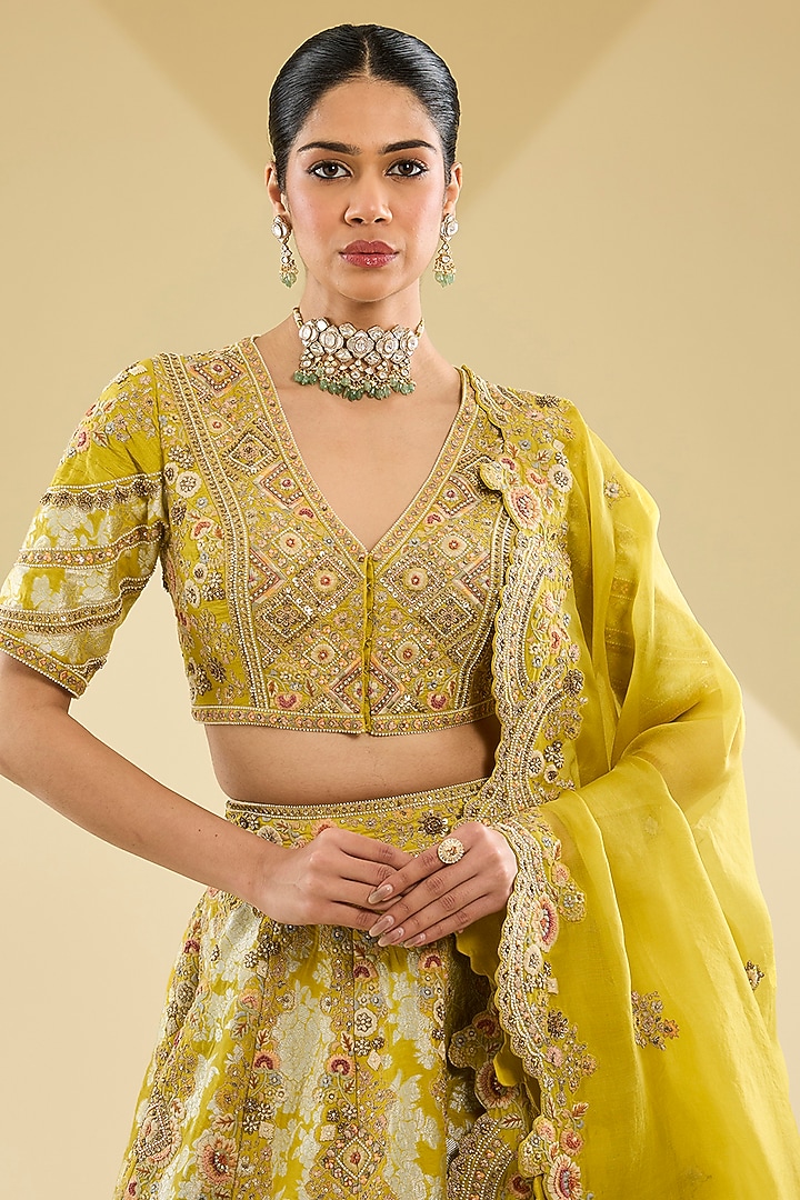 Lime Green Shimmer Brocade Bridal Lehenga Set by Petticoat Lane at Pernia's Pop Up Shop
