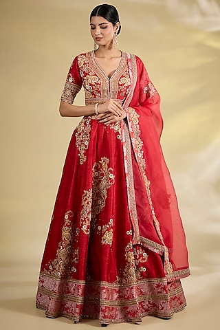 Red Dupion Silk & Shimmer Brocade Kalidar Lehenga Set by Petticoat Lane