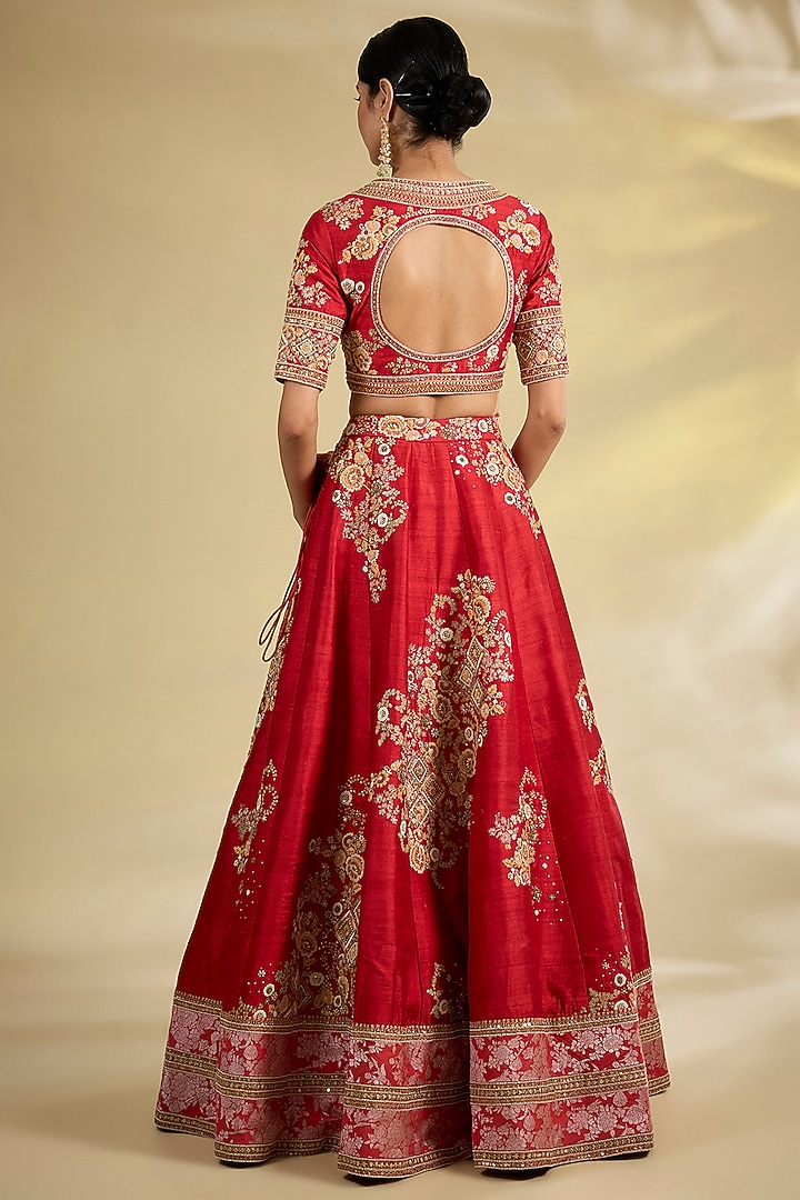 Red Dupion Silk & Shimmer Brocade Kalidar Bridal Lehenga Set by Petticoat Lane at Pernia's Pop Up Shop