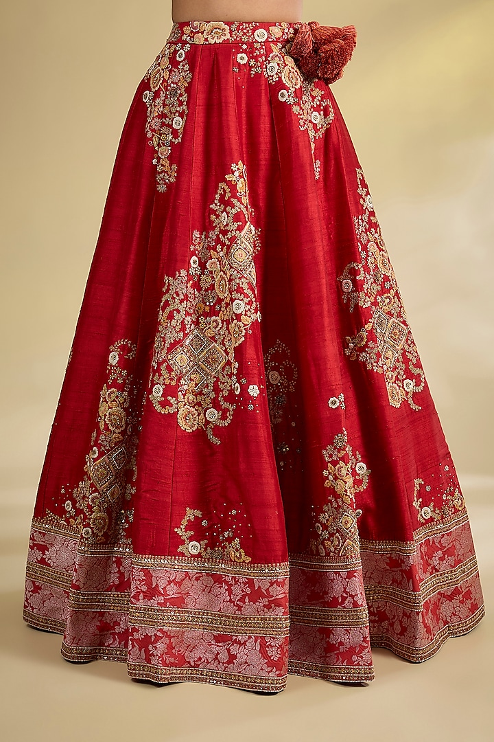 Red Dupion Silk & Shimmer Brocade Kalidar Bridal Lehenga Set by Petticoat Lane at Pernia's Pop Up Shop