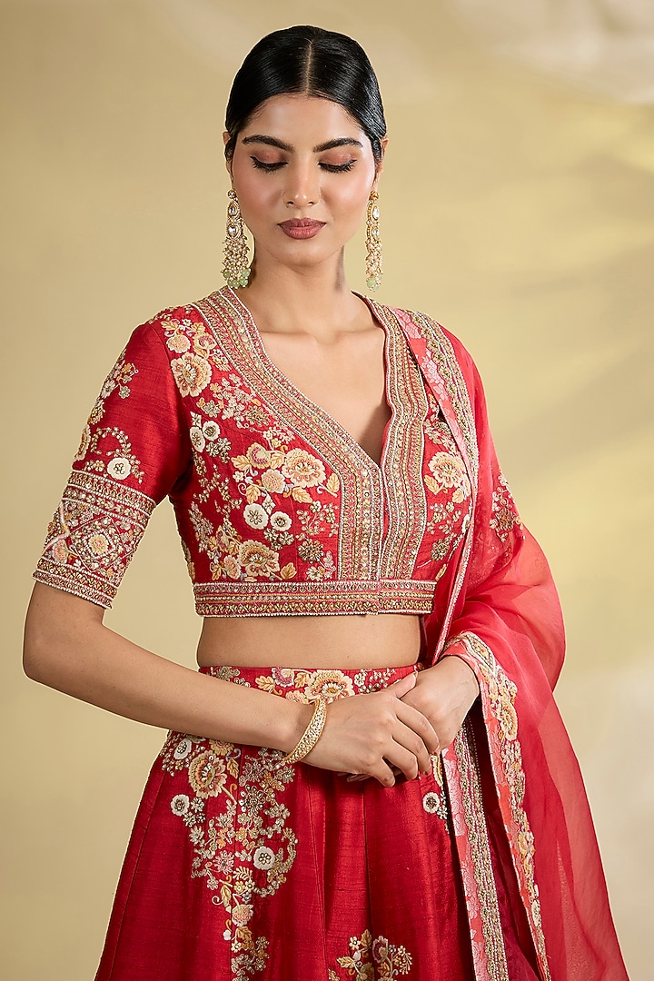 Red Dupion Silk & Shimmer Brocade Kalidar Bridal Lehenga Set by Petticoat Lane at Pernia's Pop Up Shop