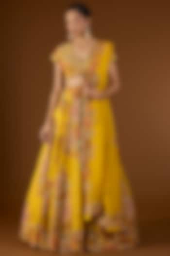 Yellow Jamevar Organza Hand & Machine Embroidered Bridal Lehenga Set by Petticoat Lane at Pernia's Pop Up Shop