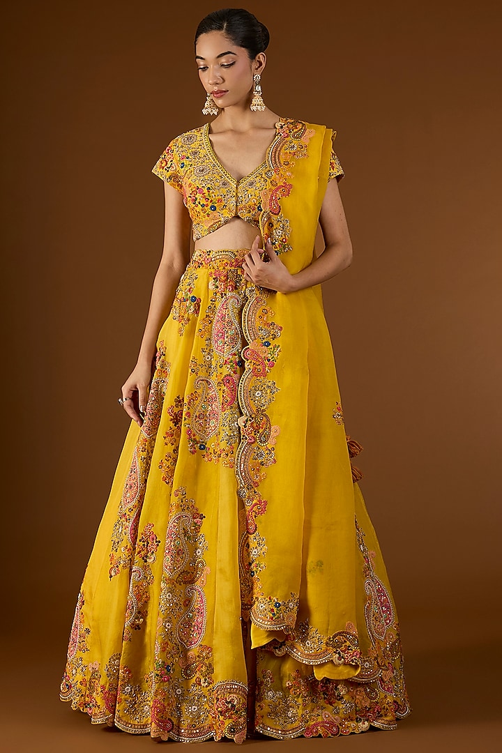 Yellow Jamevar Organza Hand & Machine Embroidered Bridal Lehenga Set by Petticoat Lane at Pernia's Pop Up Shop